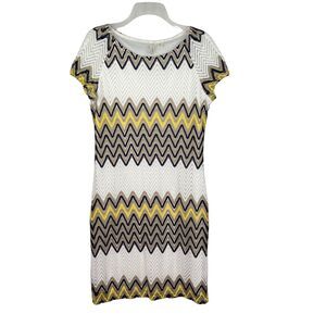 Tacera Chevron White Tan Knee Length Dress Women's Sz PL Petite Large
